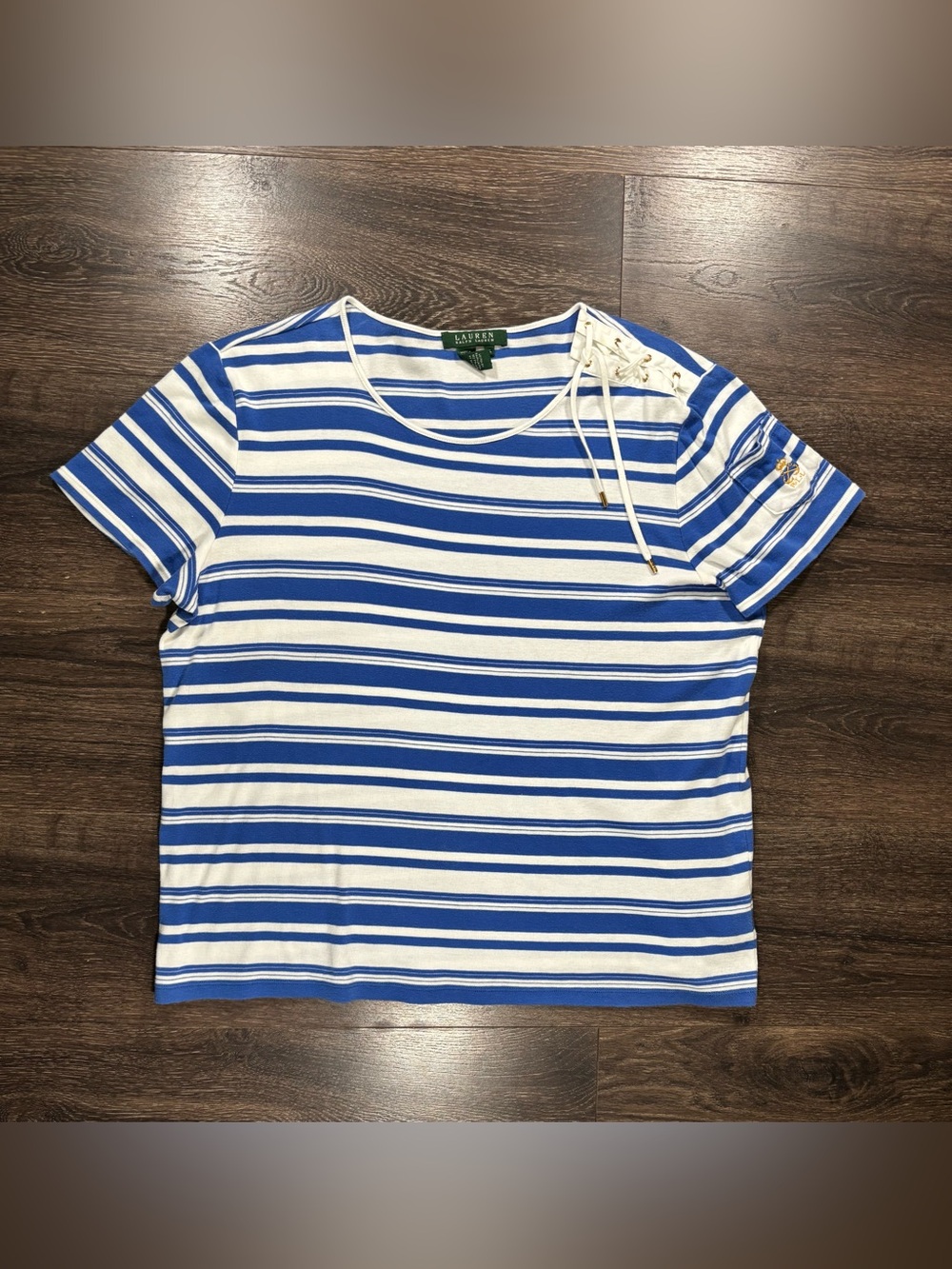 Lauren Ralph Lauren Blue & White Striped Lace-Shoulder Tee